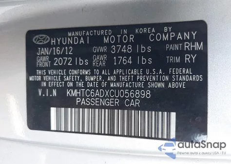 2012 Hyundai Veloster Base W/Gray from USA, damaged, VIN KMHTC6ADXCU056898
